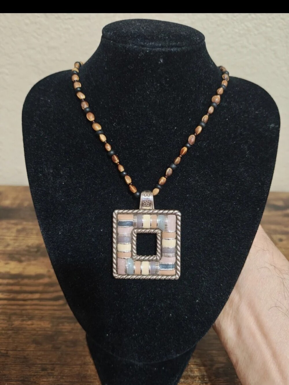 Retired Brighton "Cabana" Square Pendant Necklace With Custom Beaded Strand